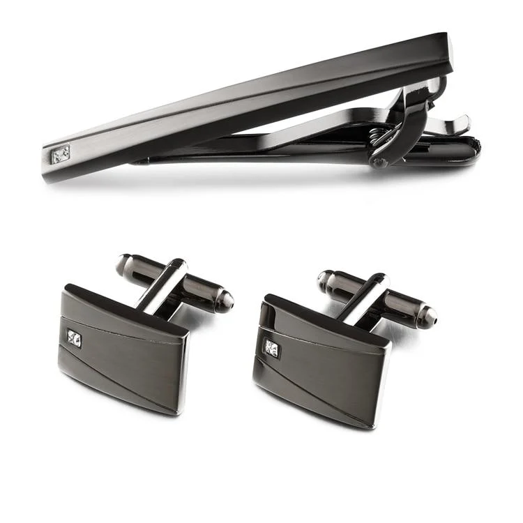 Official Gunmetal Cufflinks Tie Clip Set Modern