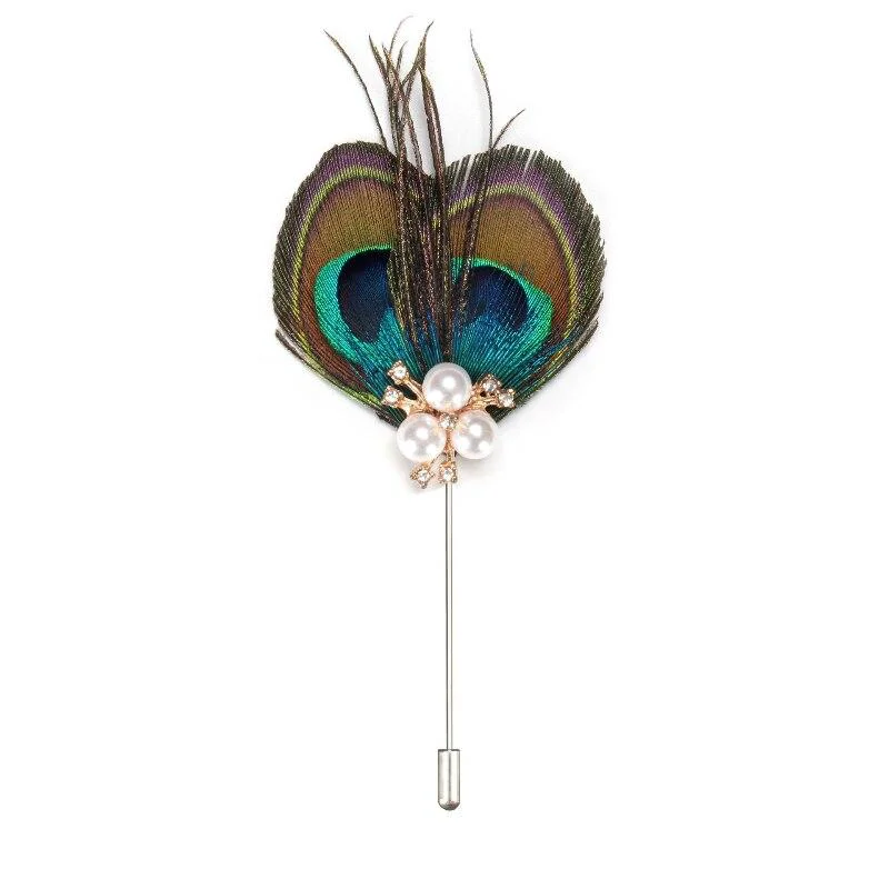 Elite Peacock Feather With Pearls Lapel Pin Crafted