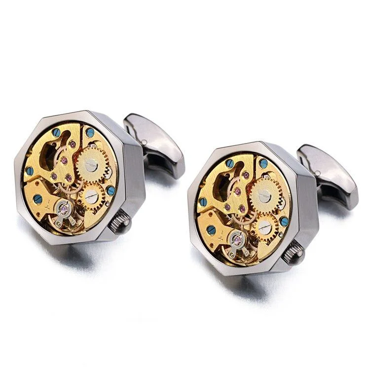 High-Grade Hexagon Gold-Tone Mechanical Movement Cufflinks Long-Lasting