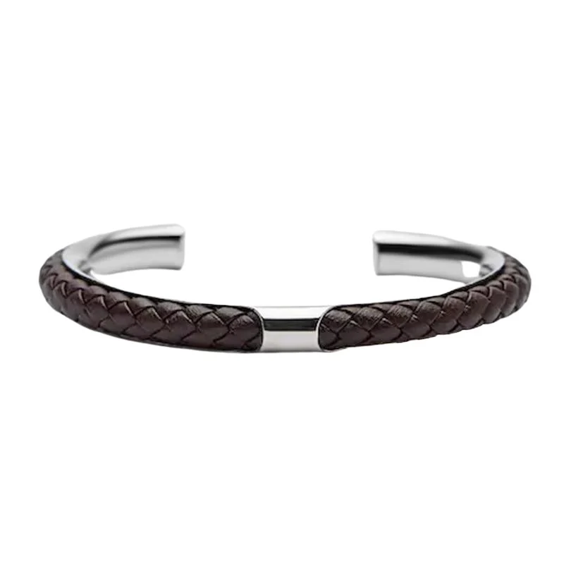 Genuine Lupo Braided Leather Stainless Steel Cuff Bracelet Reusable