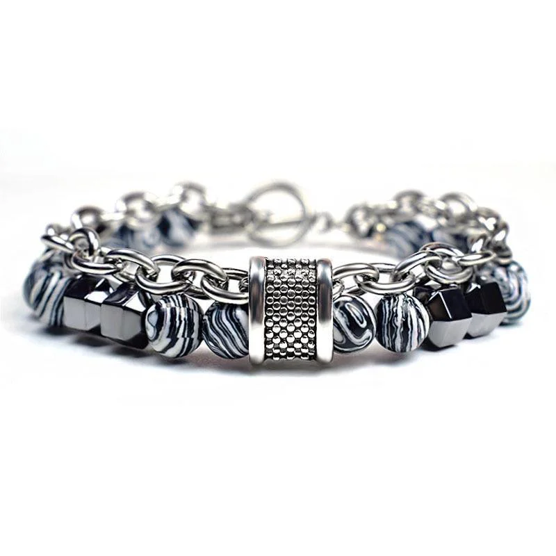 Enhanced Johnny Natural Stone Steel Beaded Bracelet Smooth