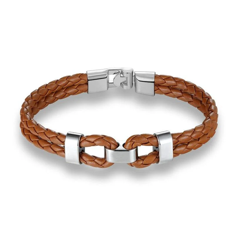Original Pulsera de cuero trenzado con doble grillete de plata mate World-Class