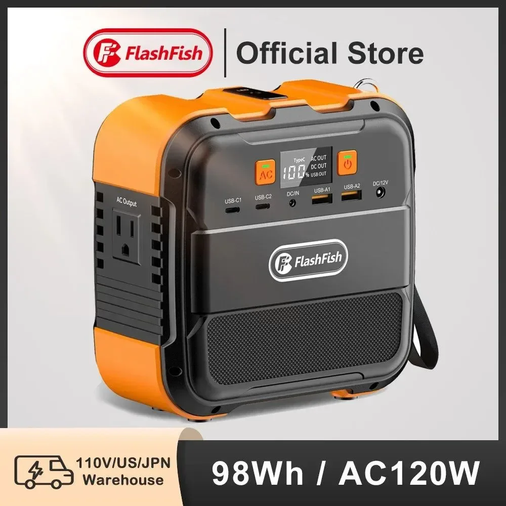 Traditional FF Flashfish A101 Mini 120W Portable Power Station — 98Wh Solar Generator with LED USB for Travel Camping Airplanes Unique