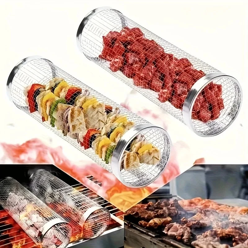 Versatile 2-Piece Stainless Steel Rolling Grill Basket Set Camping User-Friendly