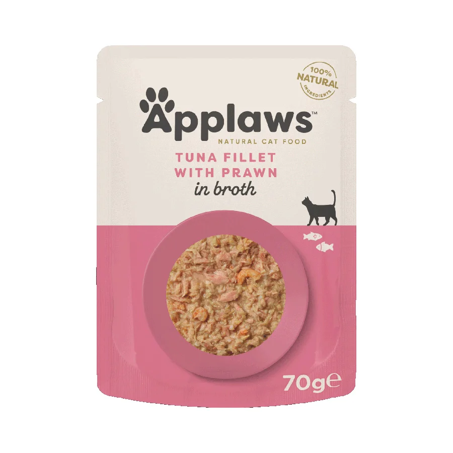 Green Applaws Natural Wet Adult Cat Food Tuna Fillet with Prawn in Broth 70g Pouch Authentic