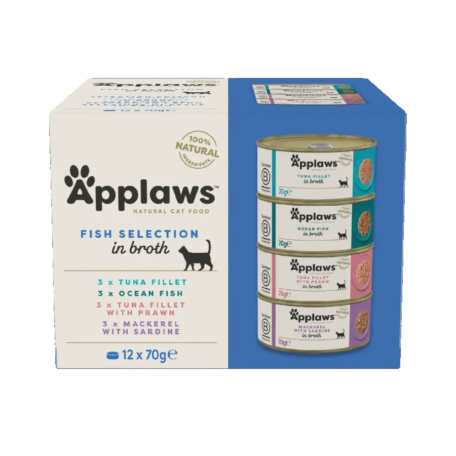 Elegant Applaws Natural Wet Adult Cat Food Fish Selection in Broth 12x70g Tins Genuine