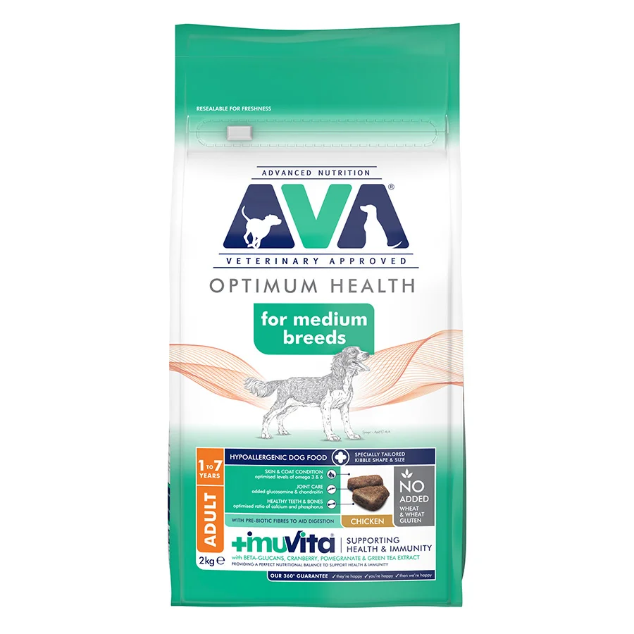 Clean AVA Optimum Health Medium Breed Adult Dry Dog Food Chicken 2kg Contemporary