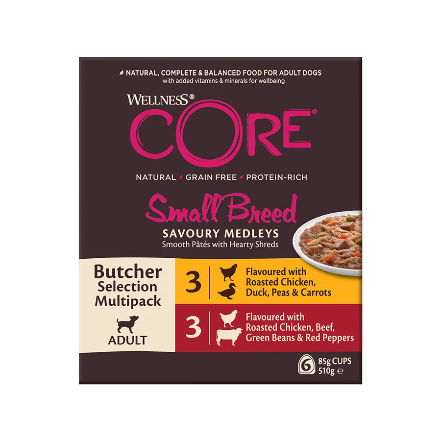 Flexible Wellness Core Small Breed Savoury Medleys Dog Food Meat Butcher 6x85g Superior