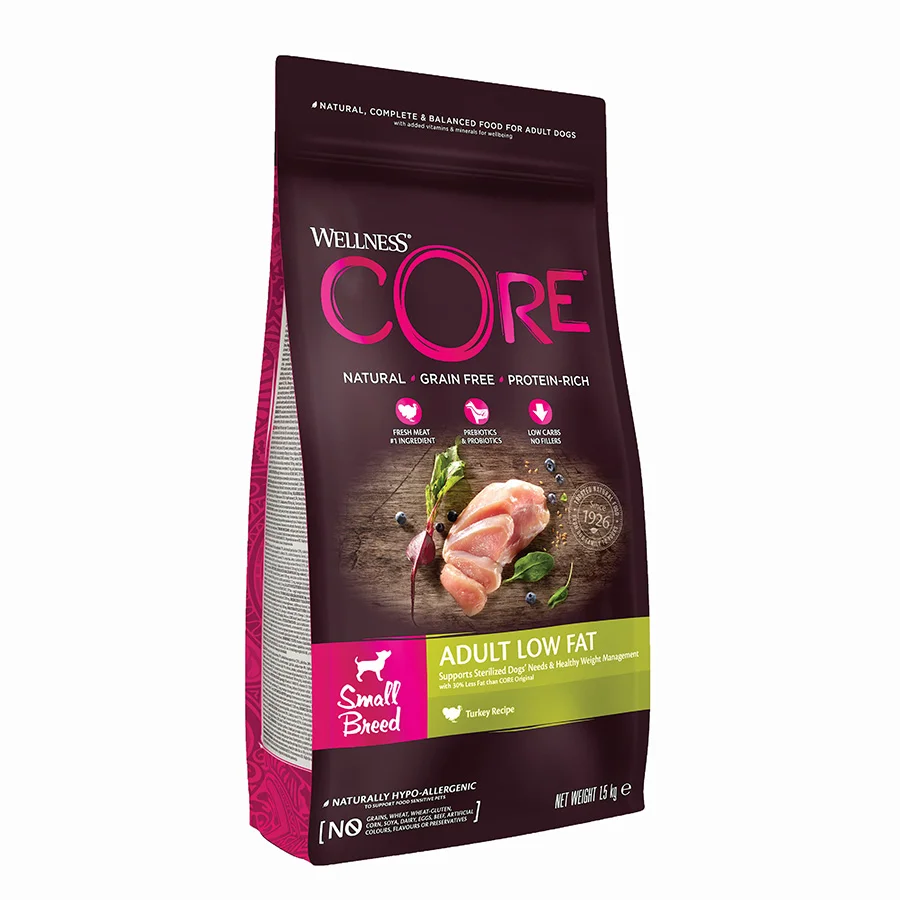 Comfortable Wellness Core Low Fat Small Breed Adult Dry Dog Food Turkey 1.5kg Stylish