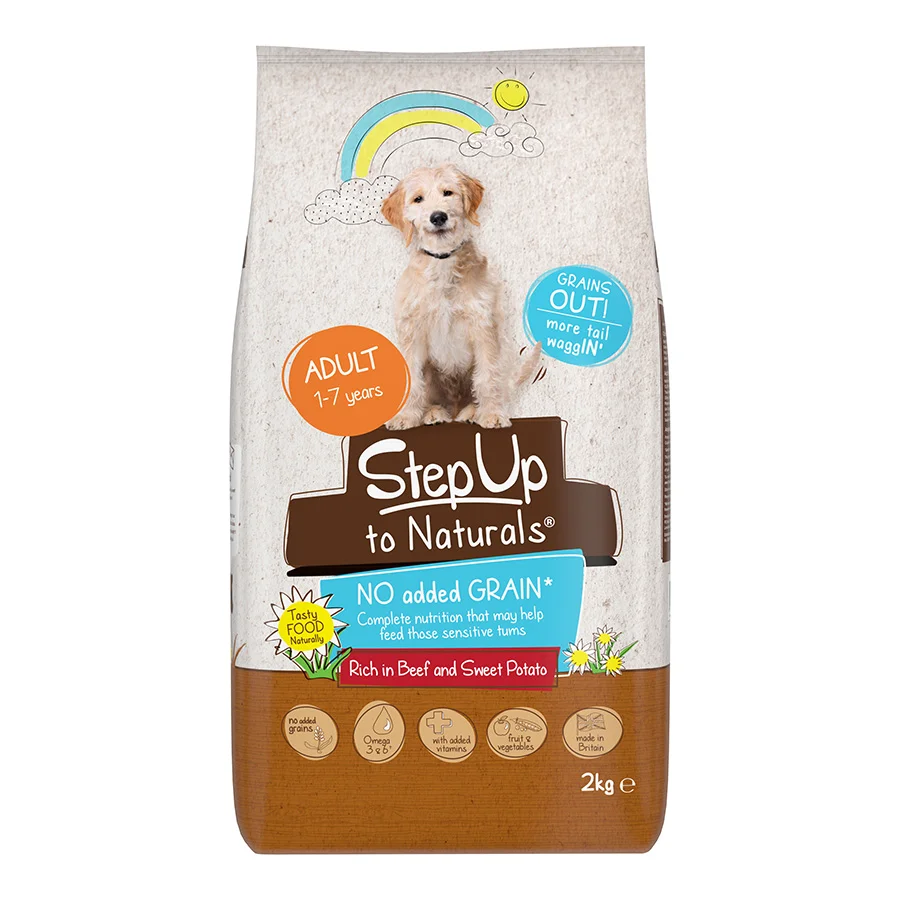 Easy-to-Use Step Up Naturals No Added Grain Adult Dry Dog Food Beef Sweet Potato 2kg Crafted