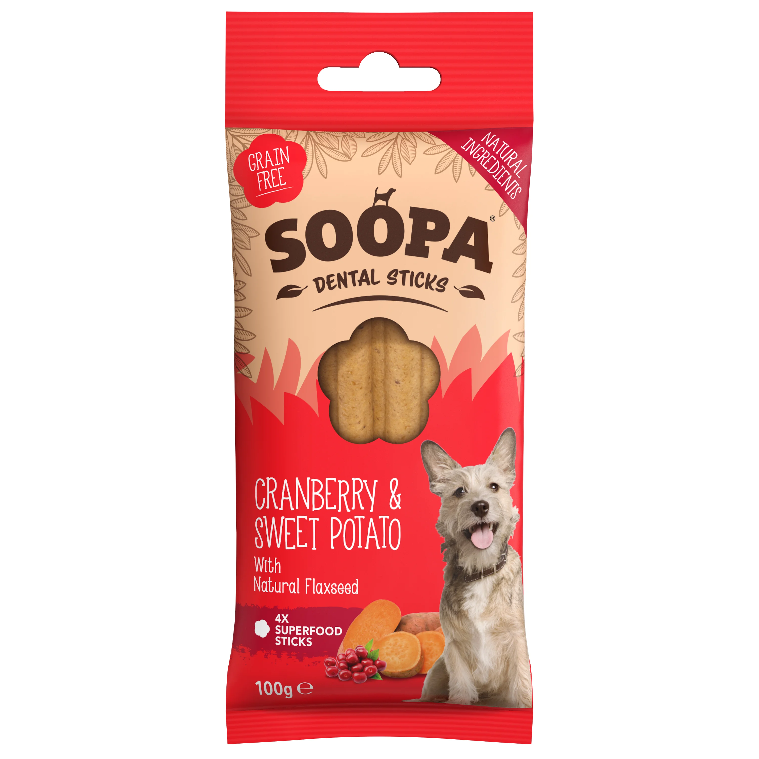 Fast Soopa Dental Sticks Dog Treat Cranberry Sweet Potato 4 Pack 100g Next-Generation