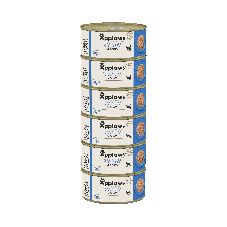 Responsible Applaws Natural Wet Adult Cat Food Tuna Fillet with Crab in Broth 6x70g Tins Enhanced
