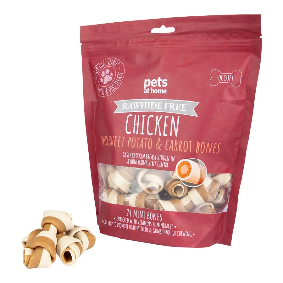Fine Pets at Home Rawhide Mini Dog Bones Chicken， Sweet Potato Carrot 24 Pack Contemporary