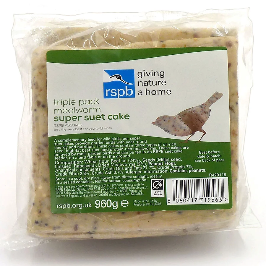 Healthy RSPB Super Suet Mealworm Cake Wild Bird Food 3x320g Selected
