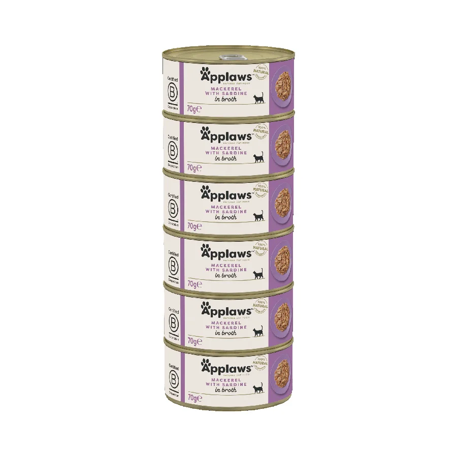 Solid Applaws Natural Wet Adult Cat Food Mackerel with Sardine in Broth 6x70g Tins Detailed