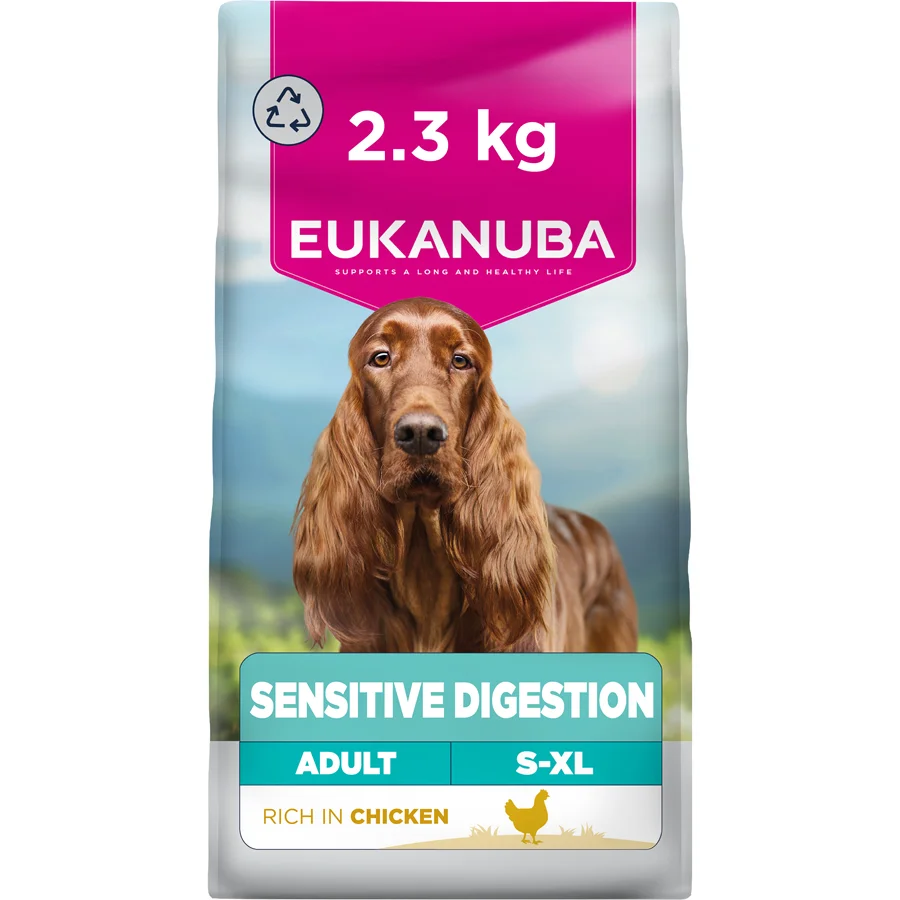 Green Eukanuba Daily Care Sensitive Digestion Adult Dry Dog Food Chicken Lightweight