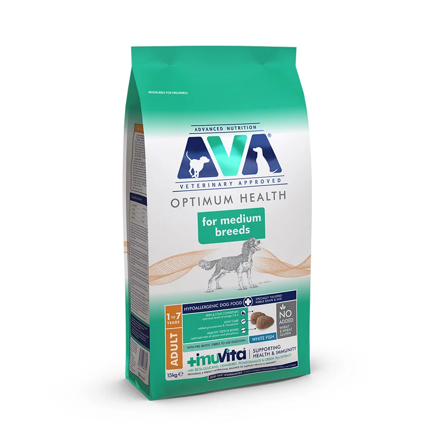 Elegant AVA Optimum Health Medium Breed Adult Dry Dog Food White Fish 15kg Excellent