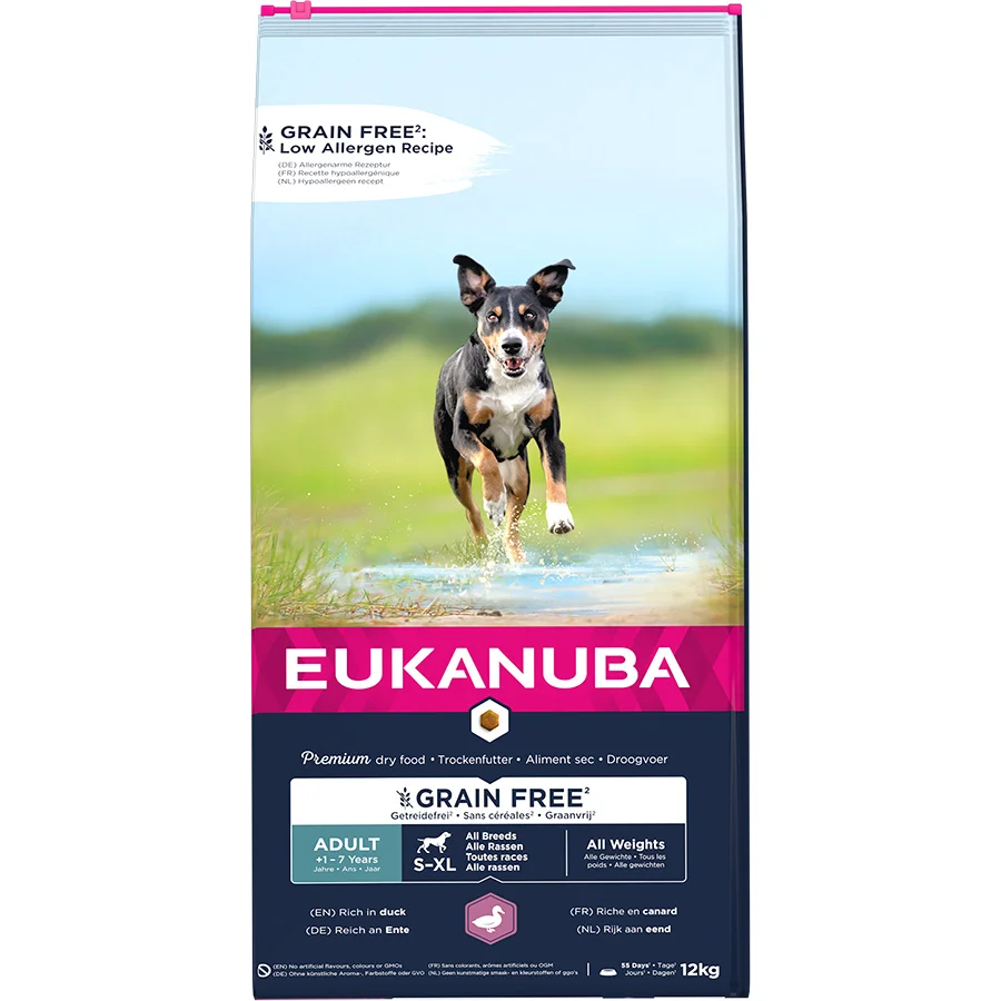 Official Eukanuba Grain All Breed Adult Dry Dog Food Duck 12kg Convenient