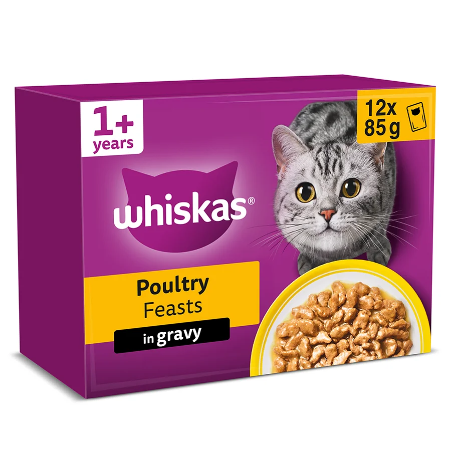 Clean Whiskas 1 Adult Wet Cat Food Poultry in Gravy 12x85g Unique