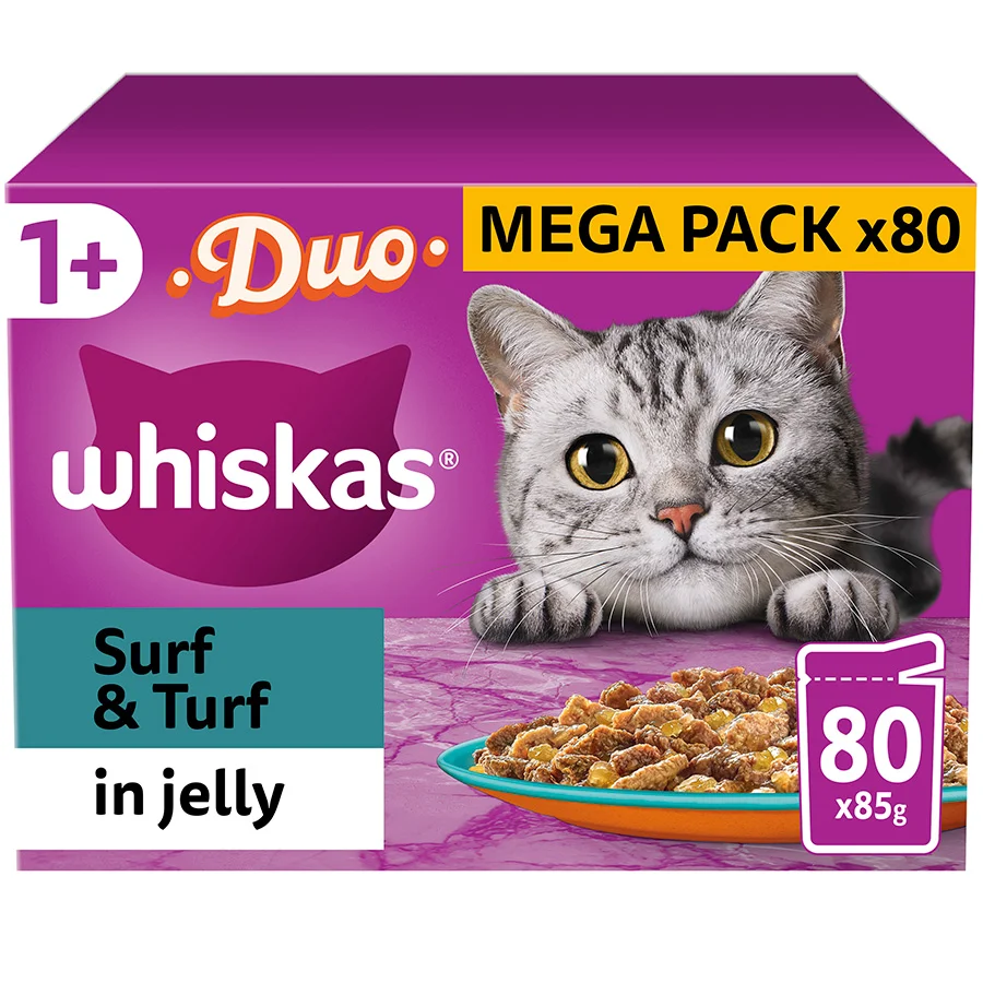 Selected Whiskas 1 Adult Wet Cat Food Surf Turf Jelly 80x85g Classic