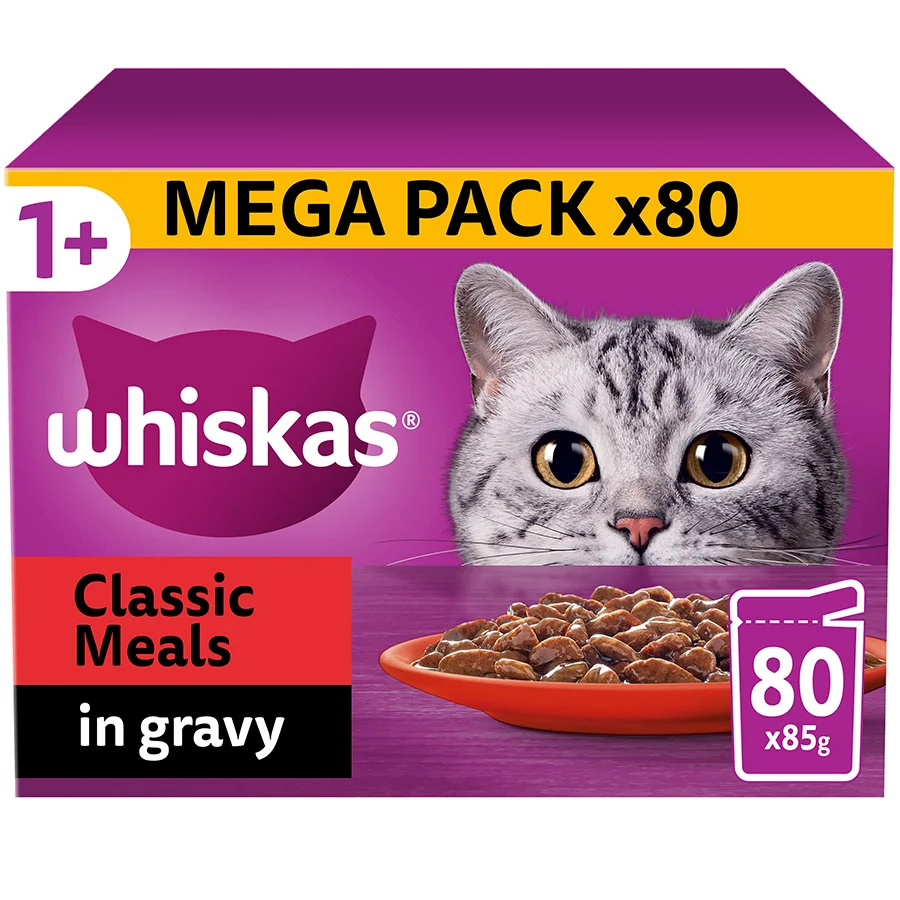 Premium Whiskas Wet 1 Adult Cat Food Classic Meals in Gravy 80x85g Pouches Long-Lasting