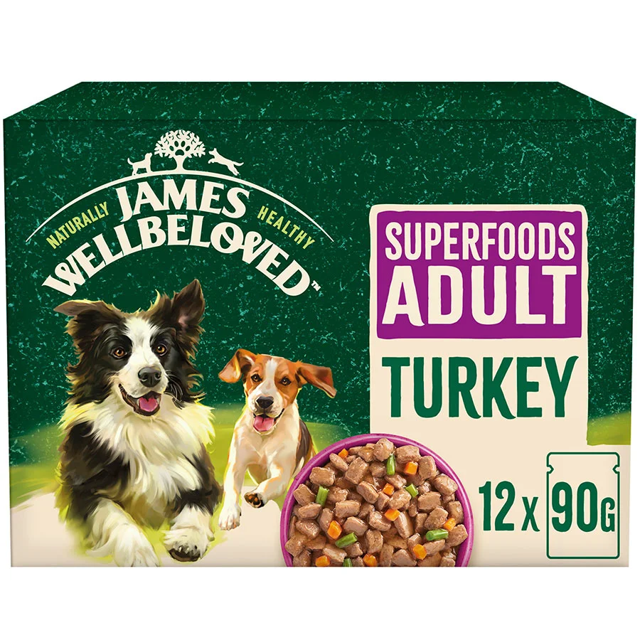 Powerful James Wellbeloved Superfood Wet Adult Dog Food Turkey in Gravy 12x90g Pouches Quality