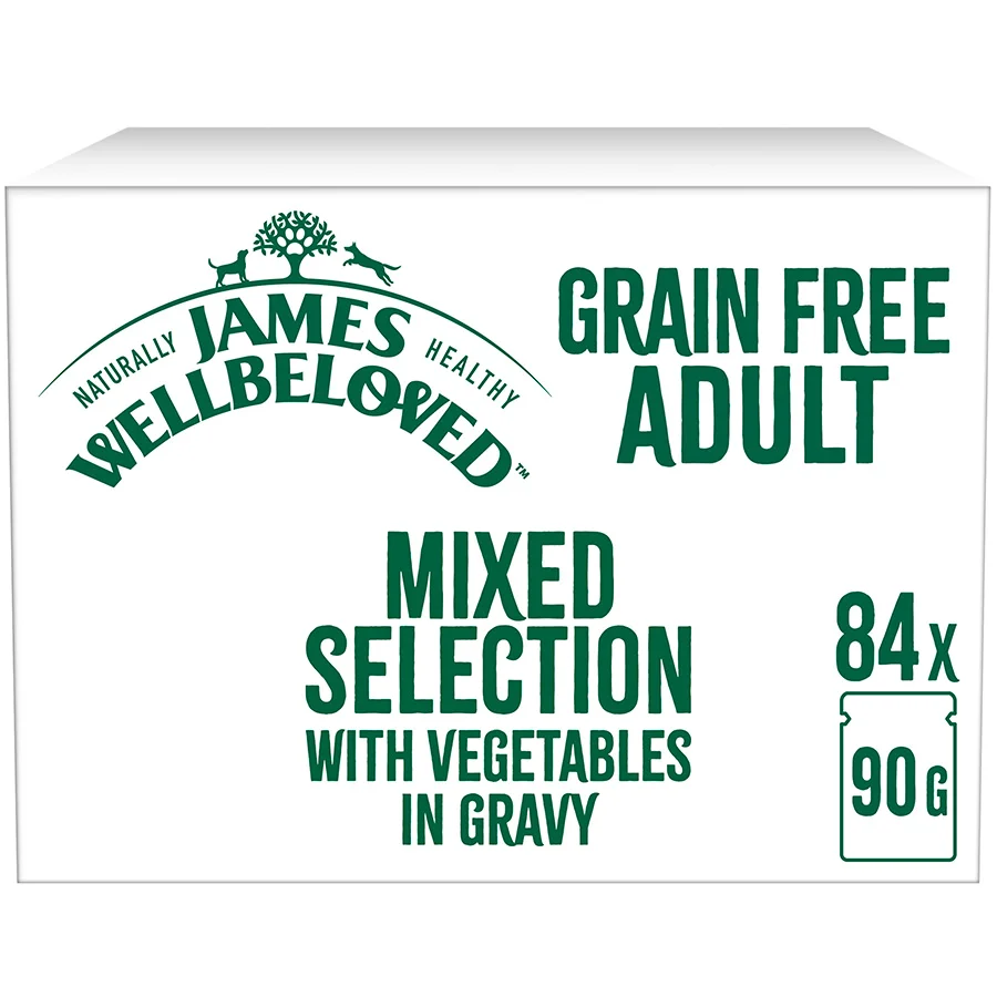 Effective James Wellbeloved Grain Wet Adult Dog Food Mixed Pack in Gravy 84x90g Pouches Natural