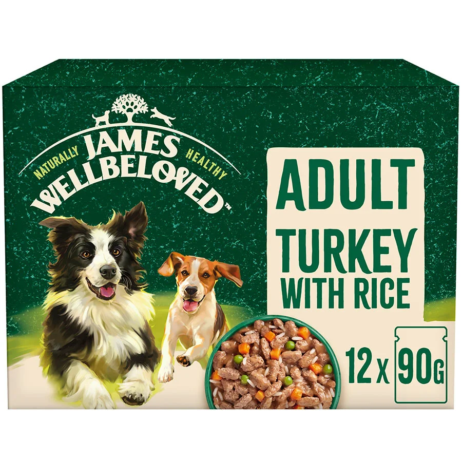 Consistent James Wellbeloved Wet Adult Dog Food Turkey Rice in Gravy 12x90g Pouches Selected