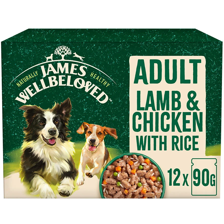 Flexible James Wellbeloved Wet Adult Dog Food Lamb， Chicken Rice in Gravy 12x90g Pouches Excellent