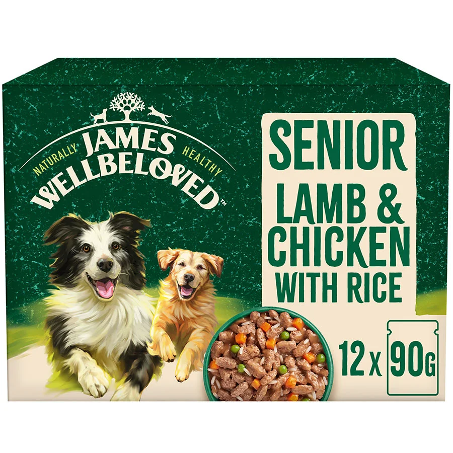 Fine Crafted James Wellbeloved Wet Senior Dog Food Lamb， Chicken Rice in Gravy 12x90g Pouches Versatile