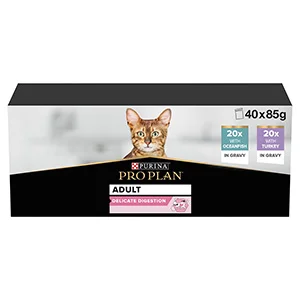 Flexible Pro Plan Delicate Digestion Wet Cat Food with Ocean Fish Turkey Gravy 40 x 85g Elite