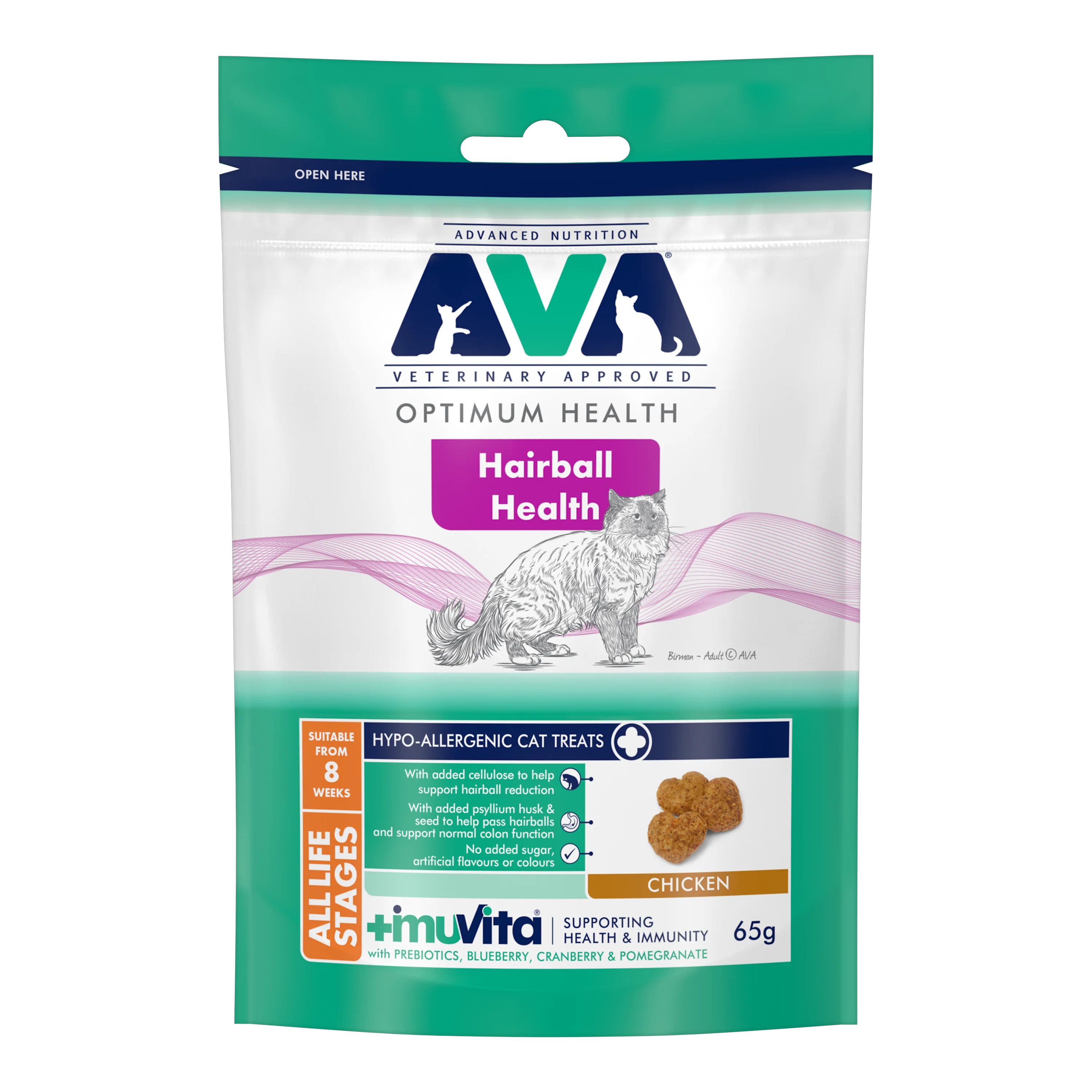 Verified AVA Hairball Health Cat Treats with Chicken 65g Crafted