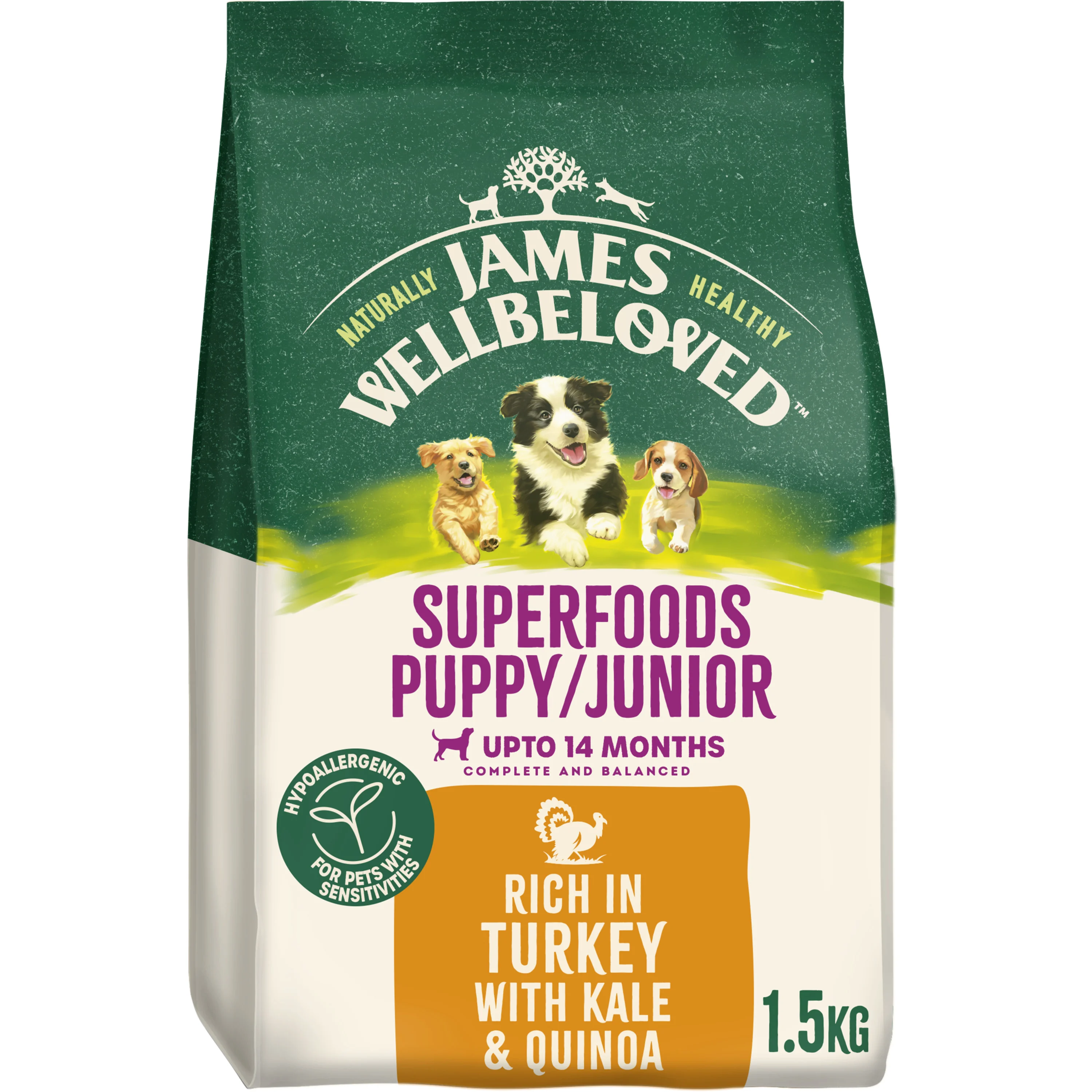 Reusable James Wellbeloved Superfoods Puppy Junior Dry Dog Turkey， Kale Quinoa 1.5kg Casual